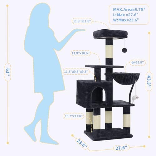 Heybly Cat Tree with Toy, Cat Tower Condo for Indoor Cats, Cat House with Padded Plush Perch, Cozy Hammock and Sisal Scratching Posts, Smoky Gray HCT004SG 5