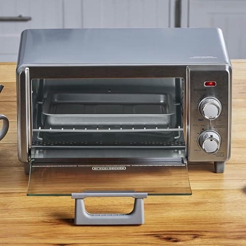BLACK+DECKER Crisp 'N Bake Air Fry Countertop Convection Toaster Oven, Medium Capacity, 4-Slice, 5-in-1, Fits 9” Pizza, 30-Min Timer, Bake, Broil, Air Fry, Toast, Keep Warm, Stainless Steel 10