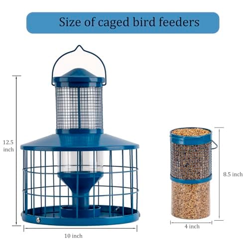Caged Bird Feeders Squirrel-Proof, Metal, 2.8 Lbs Capacity-Cage Tube Seed Feeders with Tray Outdoor Hanging, Attract Birds,Detachable Cleaning, Starling Proof Wild Bird Feeder（Blue） 5