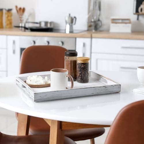 17 Inch Rustic White Serving Tray with Handles - Large Wooden Tray for Ottoman, Breakfast in Bed, Dinner, Coffee Table - Decorative Rectangular Tray for Living Room Bedroom Entryway and Kitchen Decor 6