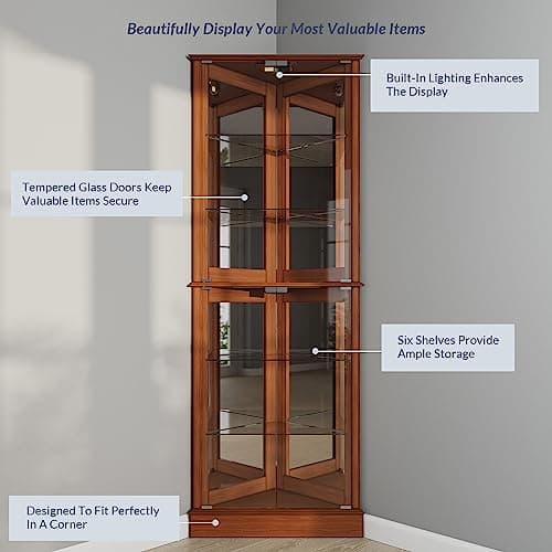BELLEZE Lighted Corner Display Curio Cabinet Wooden Shelving Unit with Tempered Glass Door, Bar and Liquor Storage Area with 6 Shelves - Woody (Oak) 5
