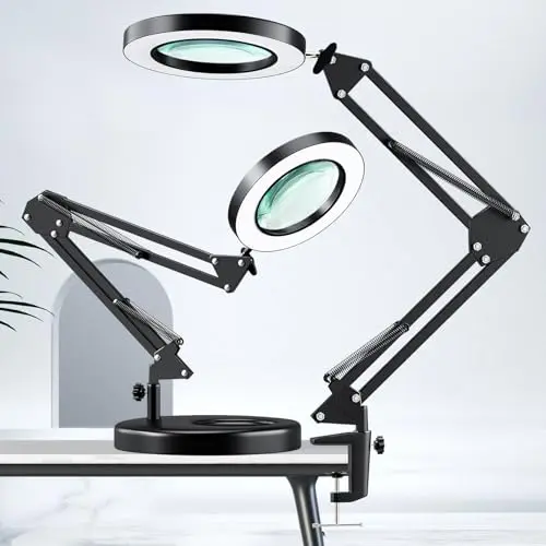 HITTI 10X Magnifying Glass with Light, 1,800 Lumens Stepless Dimmable, 3 Color Modes, 4.2″ Real Glass Lens LED Desk Lamp & Clamp, Magnifier Light and Stand for Crafts, Soldering, Fly Tying, Close Work
