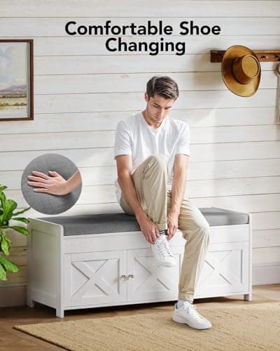 Pipishell 2-Tier Shoe Storage Bench, Entryway Bench with 3 Barn Doors, Cushion Seat, Hidden Storage, Adjustable Shelf, 200 lbs Capacity, for Entryway, Living Room, Bedroom, White (39.4″Wx15″Dx18.1″H) 6