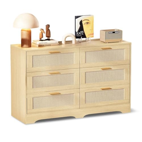 Redlife 6 Drawer Rattan Dresser for Bedroom, Modern Double Dresser with Gold Handles, Wood Storage Chest of Drawers for Closet, Living Room, Hallway and Entryway, Natural
