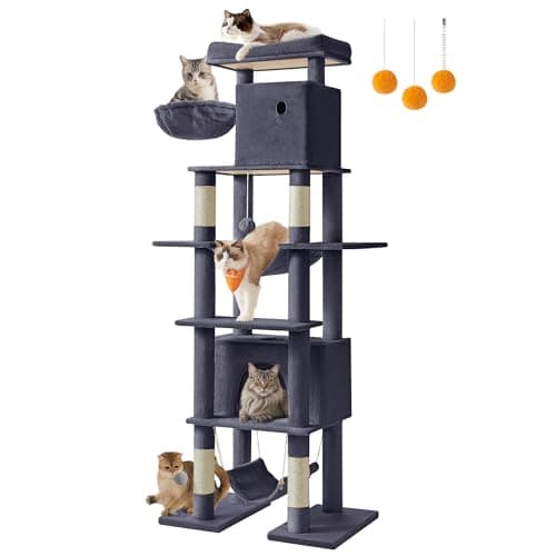 Feandrea Cat Tree, 79.1 Inch Tall Cat Tower for Indoor Cats, Multi-Level Large Cat Condo with 4 Scratching Posts, 2 Hammocks, a Perch, 2 Cat Caves, Anti-Tip Kit, Dark Gray UPCT195G02