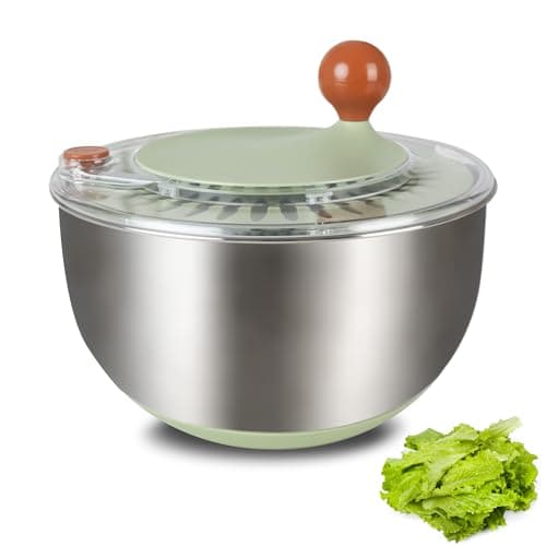 Lunememo Stainless Steel Salad Spinner, Lettuce Spinner with Drain, Non-Slip Base & Stop Button, Large Vegetable Dryer, BPA Free, 5.3 Qt