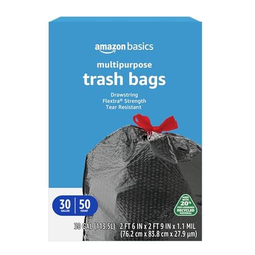 Amazon Basics 30 Gallon Flextra Strength Multipurpose Drawstring Trash Bags, 20% Post Consumer Recycled Material, Tear Resistant, Black, 50 Count