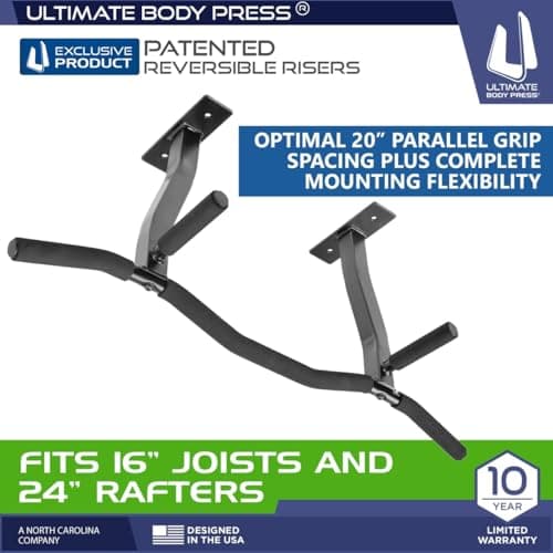 Ceiling Mount Pull Up Bar with Reversible Risers for 16 and 24 Inch Joists with Optimum Grip Spacing by Ultimate Body Press 7