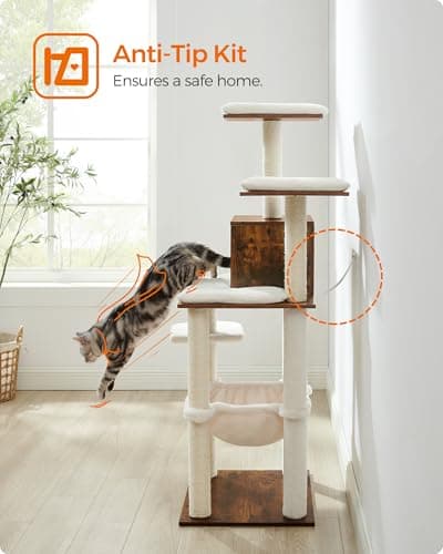 Feandrea Cat Tree, 56.3-Inch Modern Cat Tower, Multi-Level Plush Condo with Scratching Posts, Hammock, Washable Cushion, Rustic Brown UPCT164X01 8