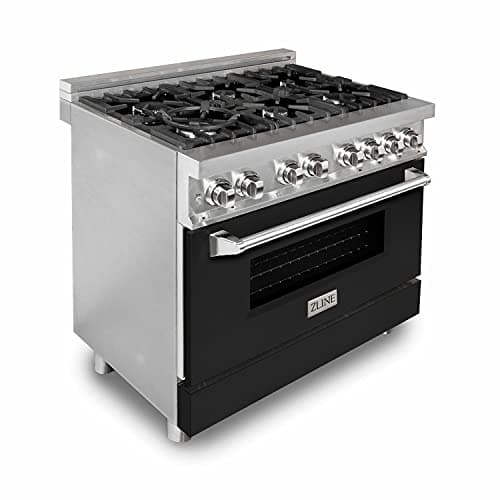 ZLINE 36 in. 4.6 cu. ft. Legacy Dual Fuel Range with 6 Burner Gas Cooktop and Electric Convection Oven in Stainless Steel and Black Matte Door (RA-BLM-36)