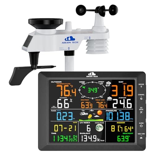 AIRAIN TECH 14-in-1 Wireless Weather Station with Outdoor Wireless Sensor,Radio-Controlled Clock,Rain Gauge,Wind Speed/Direction,Moon Phase,Wind Chill Index,Outdoor Dew Point,Barometer(NO WiFi)