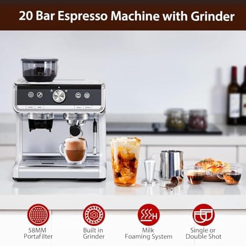 GarveeTech Semi-Automatic Espresso Machine - 1450W/20 Bar Professional Coffee Machine, 30 Grinder Settings, Fast Heating, Milk Frother Steam Wand, Home & Hotel Use, silver gray 5