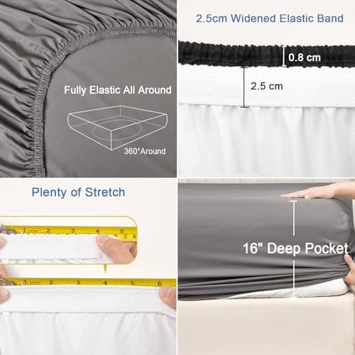 PHF 100% Rayon Derived from Bamboo Fitted Sheet Queen Size, 16" Deep Pocket,2.5cm Wider Strong Elastic Easy Fit, Breathable Silky Soft Skin-Friendly for Hot Sleeper,60"x 80", Grey, No Pillowcases 5