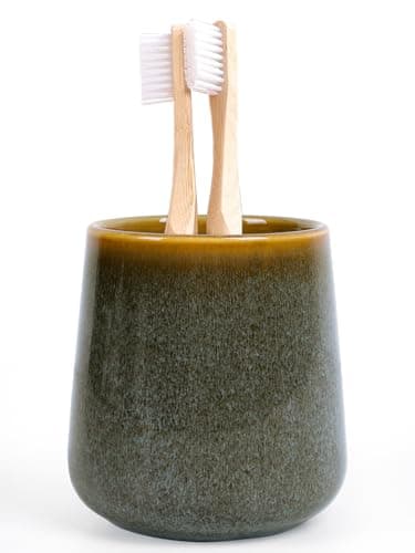 INGOFIN Ceramic Toothbrush Holder Cup, 12 oz Toothpaste Holder for Bathroom Vanity and Countertop, Organizer for Cosmetic, Makeup, Office Pencils, for Hotel Apartment, Kiln-Glazed Green