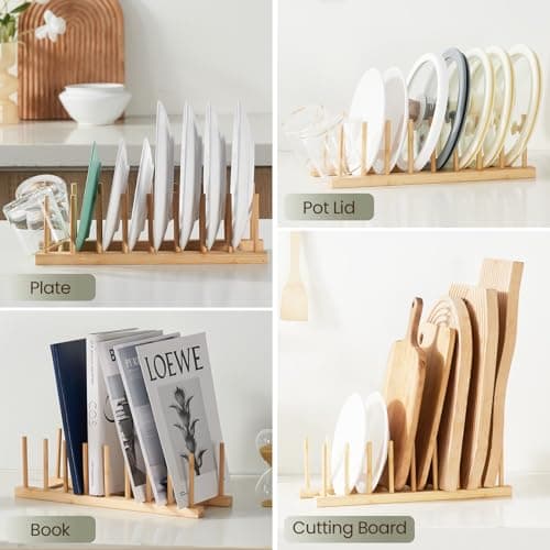 NOVAYEAH Bamboo Wooden Dish Rack-Plate Pot Lid Cutting Board Organizer Holder Rack for Cabinet-Kitchen Cabinet Organizer for Dish, Pots, Lids, Bowls, Bottles, Books, and Puzzle 6