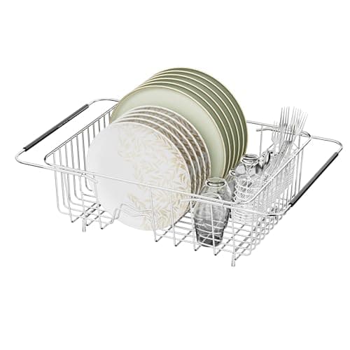 JAQ Dish Drying Rack in-Sink, 304 Stainless Steel Dish Drainer with Stainless Steel Silverware Holder Over Inside Sink-Adjustable 15.08" to 22.4" Maximium 13 Upright Dishes