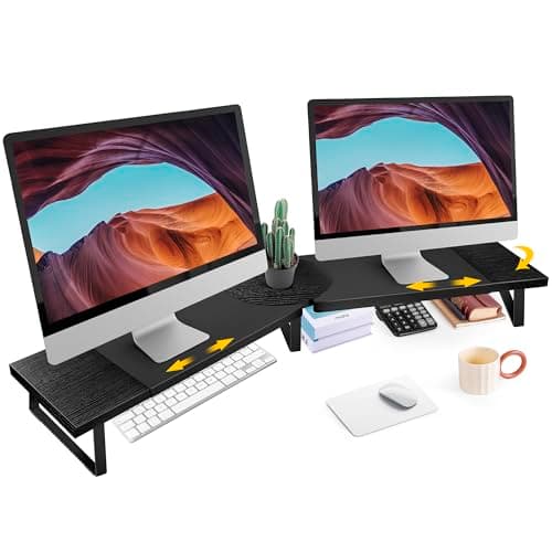 Dual-Monitor Stand for Desk - Large Adjustable Length and Angle Riser for 2 Monitors, Double Computer Desktop Organizer, Shelf for TV, Laptop, Printer