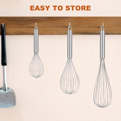 Kisuwye Metal Whisks for Cooking Stainless Steel Whisk Set 3 Pack Wisking Tool Balloon Wisk 8" 10" 12" Wire Whisk for Baking, Whisking, Mixing, Blending 6