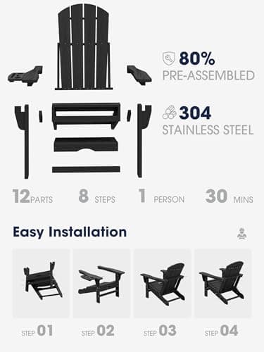 KINGYES Adjustable Folding Adirondack Chair with Footrest & 4-in-1 Multi-Functional Armrest Organizer, HDPE Foldable Recliner Adirondack Chair with Pull-Out Ottoman, Black 7