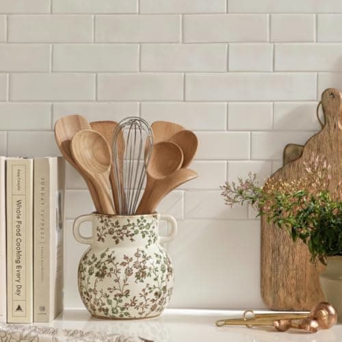 JIEMEI HOME Kitchen Utensil Holder with Handle, 6.85" Stable Pastoral Floral Ceramic Utensil Crock for Countertop, Utensil Organizer with Cork Bottom, Spatula Holder For Kitchen Decor, Green and Beige 6