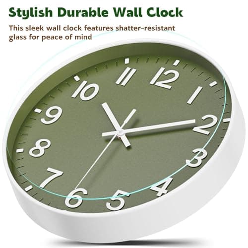 lanktoo Silent Wall Clock Non-Ticking Battery Operated – Modern Olive Green Analog Wall Clock for Living Room, Kitchen, Office, Bedroom – Stylish Home Wall Decor Clock, 8 Inch 5