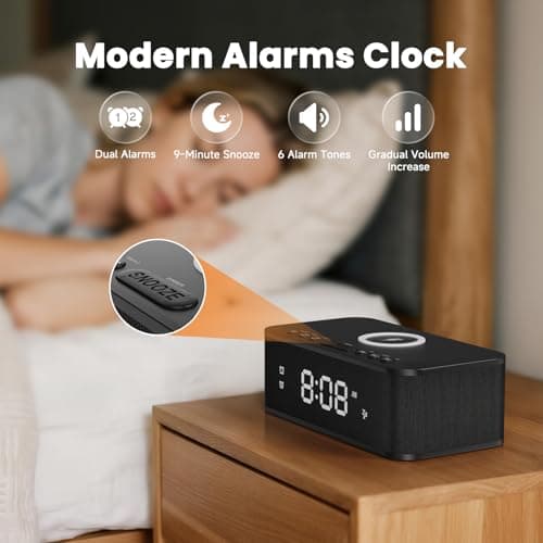 Fansbe Direct Digital Alarm Clock White Noise, Loud Digital Alarm Clocks Bedrooms, Alarm Clock Speaker Wireless Charger AUX USB Bluetooth Speaker 12/24H Dual Alarm Snooze Adjustable Brightness, Black 6