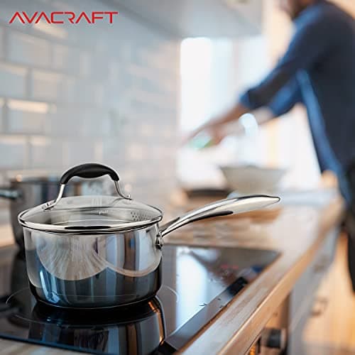 AVACRAFT Stainless Steel Saucepan with Glass Strainer Lid, Two Side Spouts for Easy Pour with Ergonomic Handle, Multipurpose Sauce Pot (5-Ply Capsule Bottom, 2.5 Quart) 8