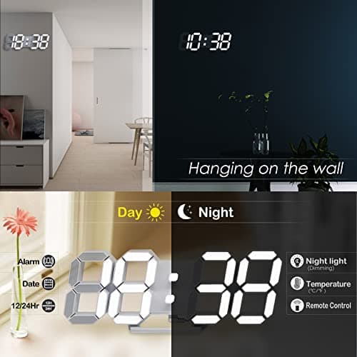KOSUMOSU 3D LED Digital Wall Clock ,9.7", Large Display Table/ Desk Clock with Remote Control 12/24H Temperature (White Light) 2