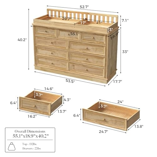 Homsee Baby Changing Table Dresser, 100% Solid Wood Infant Diaper Changing Station Combo, 9-Drawer Baby Nursery Dresser with Removable Tray for Children's Room Bedroom, Nature Color 55.1"W 10