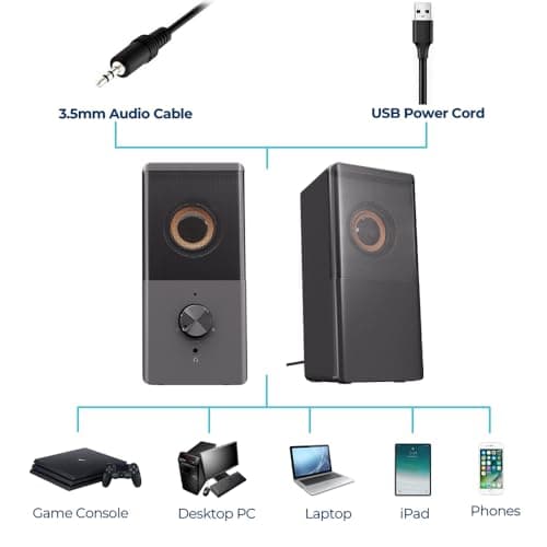 ROSON Computer Speaker, Compact Size Speaker with Headphone Jack, Enhanced Bass and Volume Control, Stereo 2.0 USB Powered 3.5mm Aux Multimedia Speakers for Laptop/Desktop/Tablets/Phone 7