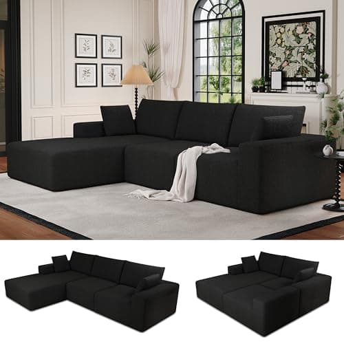 108" Cloud Sectional Sofa with Teddy Velvet Fabric, Modular Fluffy Couch Deep Seats No Assembly, Boneless Sofa L-Shaped Chaise for Living Room