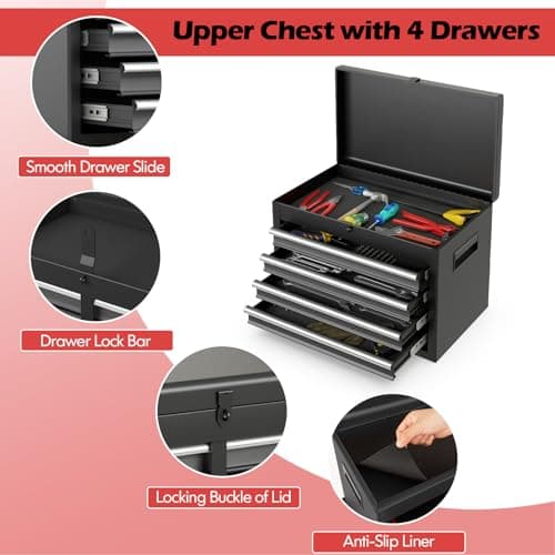 Goplus Tool Chest, 5-Drawer Rolling Cabinet with Detachable Top Toolbox, Lockable Wheels, Lock Bar, Protective Liner & Tool Rack, Metal Storage Cart for Garage Workshop 7
