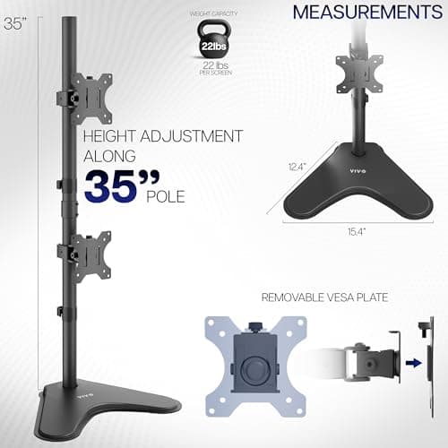VIVO Dual Monitor Desk Stand Free-Standing LCD Mount, Holds in Stacked Vertical Position 2 Ultrawide Screens up to 34 inches, Black, STAND-V002L 3