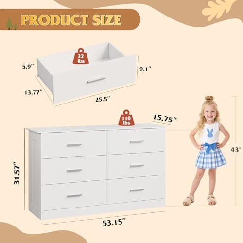 WLIVE White Dresser with 6 Drawers, Wide Wooden Chest of Drawers for Bedroom, Large White Storage Tower Unit, Modern Minimalist Closet Store Organizer for Living Room, Hallway 7
