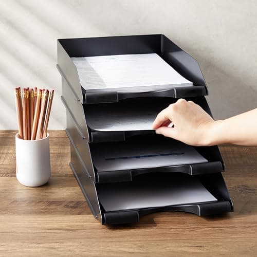 Stockroom Plus Letter Tray - Stackable Desk Organizer Trays - Desktop File Organizer - Mail & Document Storage - Pack of 4, Black, 10 x 13.5 x 2.5 in 5