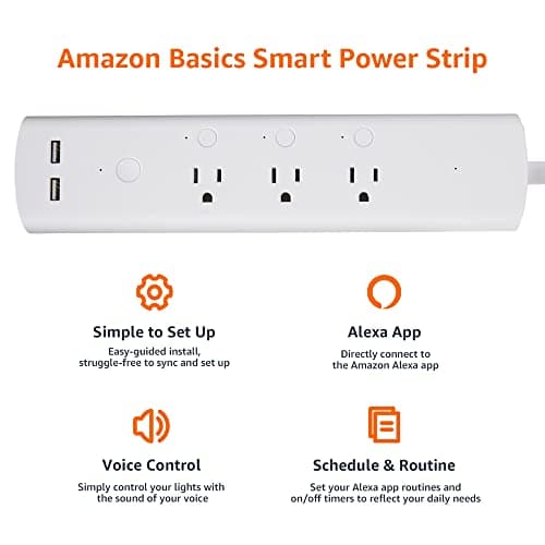 Amazon Basics Smart Plug Power Strip with 3 Individually Controlled Outlets and 2 USB-A Ports, Works with Alexa Only, 2.4 GHz Wi-Fi, No Hub Required, White 2