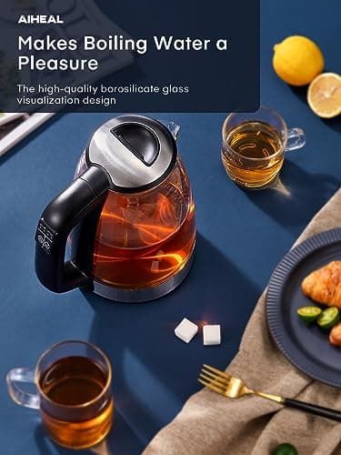 Electric Kettle, Aiheal Glass Kettle Temperature Control With 5 Colors LED Lights Variable, Keep Warm, Fast Boiling Electric Kettle, Stainless Steel Inner Lid & Bottom, 1.7L 8