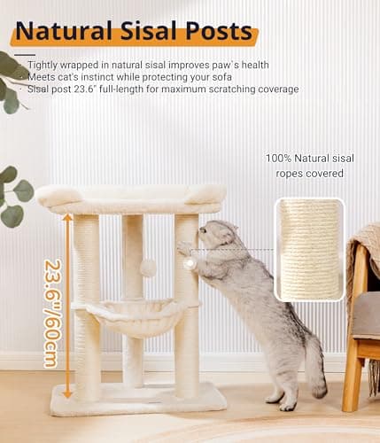Happi N Pets 28" Cat Tree Tower, Tall Cat Scratching Post with Soft Perch for Window Viewing, Large Bed for Big Cats, Stable & Compact Cat Tower with Hammock, Removable Cover-Beige 7
