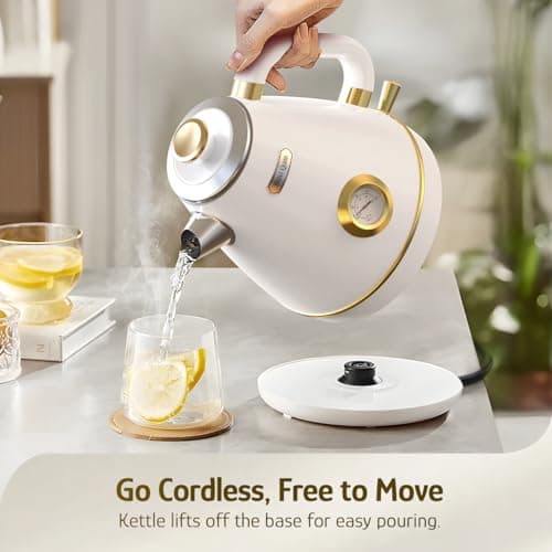 Hazel Quinn Retro Electric Kettle - 1.7 Liters / 57.5 Ounces Tea Kettle with Thermometer, All Stainless Steel, 1200 Watts Fast Boiling, BPA-free, Cordless, Automatic Shut Off - Pearl White 7