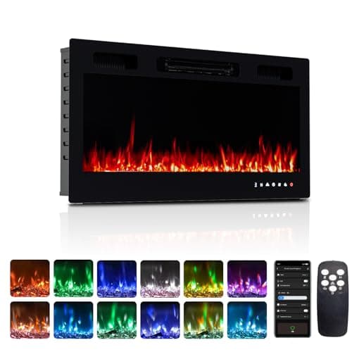 ROVSUN 36'' Electric Fireplace, 2-in-1 Ultra-Thin Wall Mounted & Recessed Fireplace with Remote & APP Control, 1500W Wall Heater w/ 12 Flame Color, 5 Brightness, Timer, Crystal Set