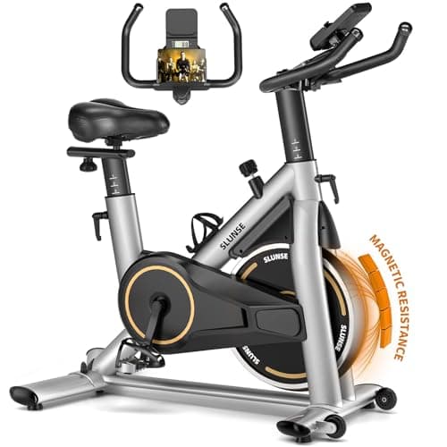 Exercise Bike, Magnetic Resistance Stationary Bikes for Home with App Compatible, Silent Indoor Cycling Bike with 350lbs Weight Capacity Comfortable Seat, Digital Monitor & Phone Mount, Silver