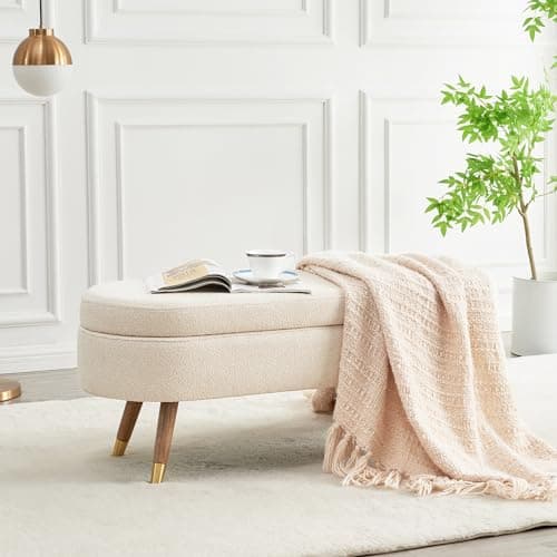 IAFIKE Oval Storage Bench 43.5" Ottoman Bench Upholstered Boucle Fabric Footrest Bench with Golden Metal Legs End of Bed for Bedroom, Living Room, Entryway,Bed Side (Beige)