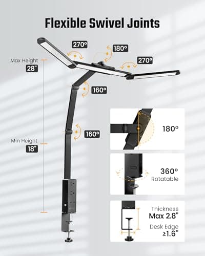 SUPERDANNY LED Desk Lamp with Power Strip (6 Outlets, 1 USB, 1 Type-C) for Home Office, Desk Light Computer Light with Clamp, Architect Desk Lamp with Smooth Dimming 5 Colors Touch & Wave Control 6