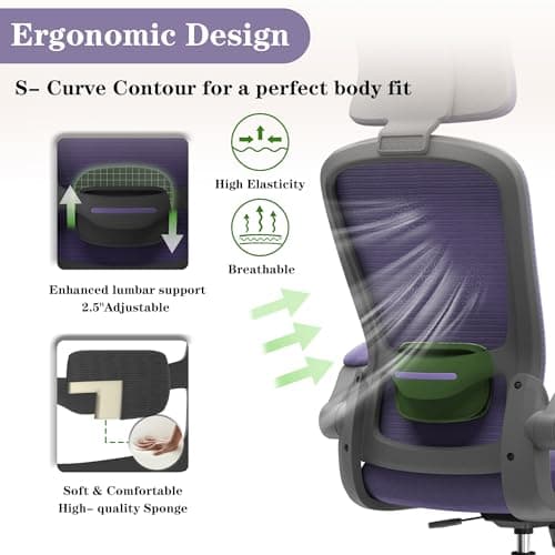 Ergonomic Office Chair for Long Hours & Back Pain Relief – Adjustable Lumbar Support & Headrest, High-Density Foam Cushion, Flip-Up Armrests, Perfect for Work & Study (Glam, Purple) 5
