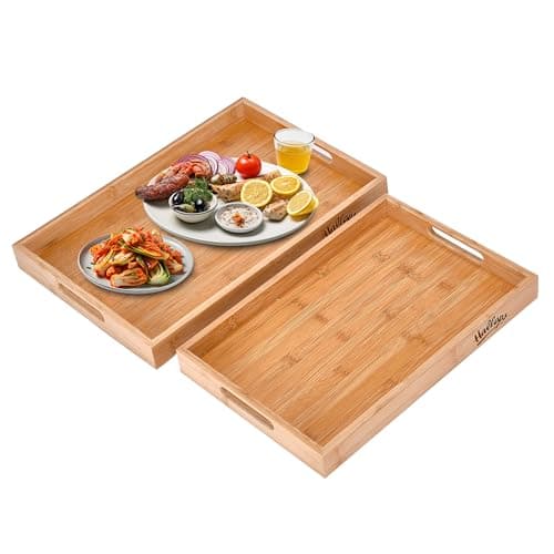 Hallops Wooden Serving Tray - Set of 2 Bamboo Trays (16"x11" and 15"x10") - Sturdy Table or Coffee Tray - Kitchen Counter Storage Accessory - Nesting Trays - Eating Tray for Serving Food (Brown)