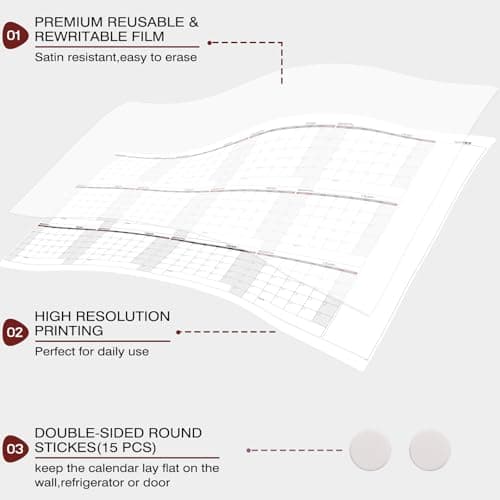 Large Dry Erase Calendar for Wall – Yearly Wall Calendar Dry Erase, 37" x 57.9", 12-Month Undated Erasable & Reusable Laminated Wall Calendar, 15 Round Stickers, Perfect for Home, Office and School - Black With Red 5