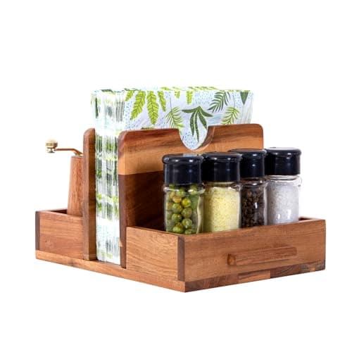 Decent Vrvege Napkin Holder, Napkin Holders with Built-in Salt Pepper Shakers Caddy, Acacia Wood Napkins Dispenser for Dining Table Countertop, Upright Paper Stand - Keep Your Kitchen Tidy & Organized 9