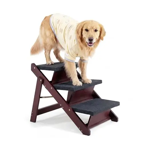 MEWANG Wooden Pet Stairs/Pet Steps - 3-in-1 Foldable Stairs & Ramp for Beds and Cars - Portable Dog/Cat Ladder Up to 220 Pounds - Great for Small and Older Animals(Brown) (24.8" L x 17.2" W x 19.5" H)
