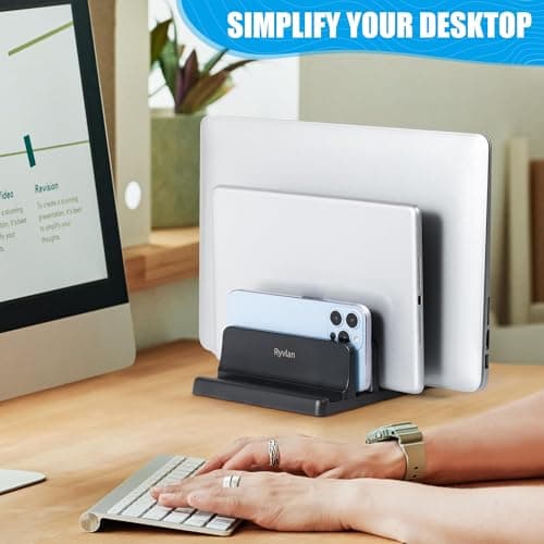 Ryvlan Vertical Laptop Stand, 3 Slot Adjustable Laptop Storage Rack and Desk Organizer, Silicone-Padded Holder for Multiple Devices Storage, Compatible Stand for Tablets and Devices up to 17 Inches 8