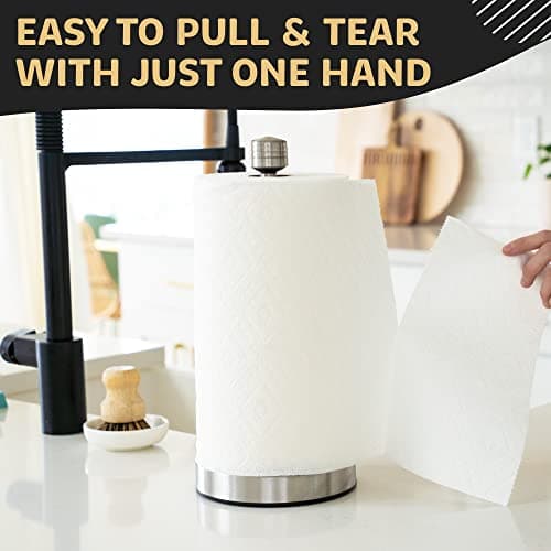 Heavy-Duty Stainless Steel Paper Towel Holder - Easy One-Handed Tear with Suction Cups - Modern Weighted Standing Countertop Dispenser for Kitchen - Holds All Paper Towel Rolls, Silver 8